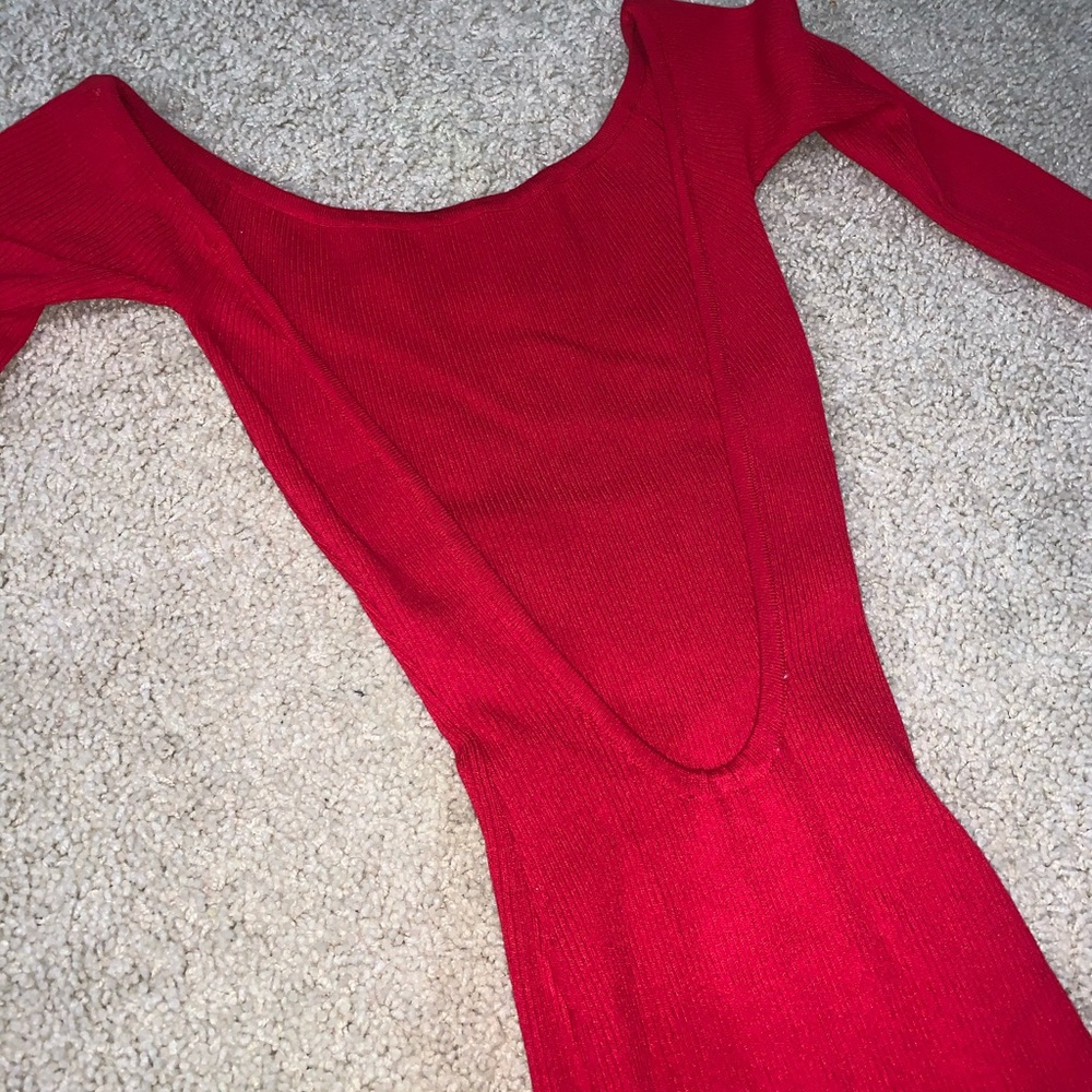 Very stretchy tight fitting long red dress